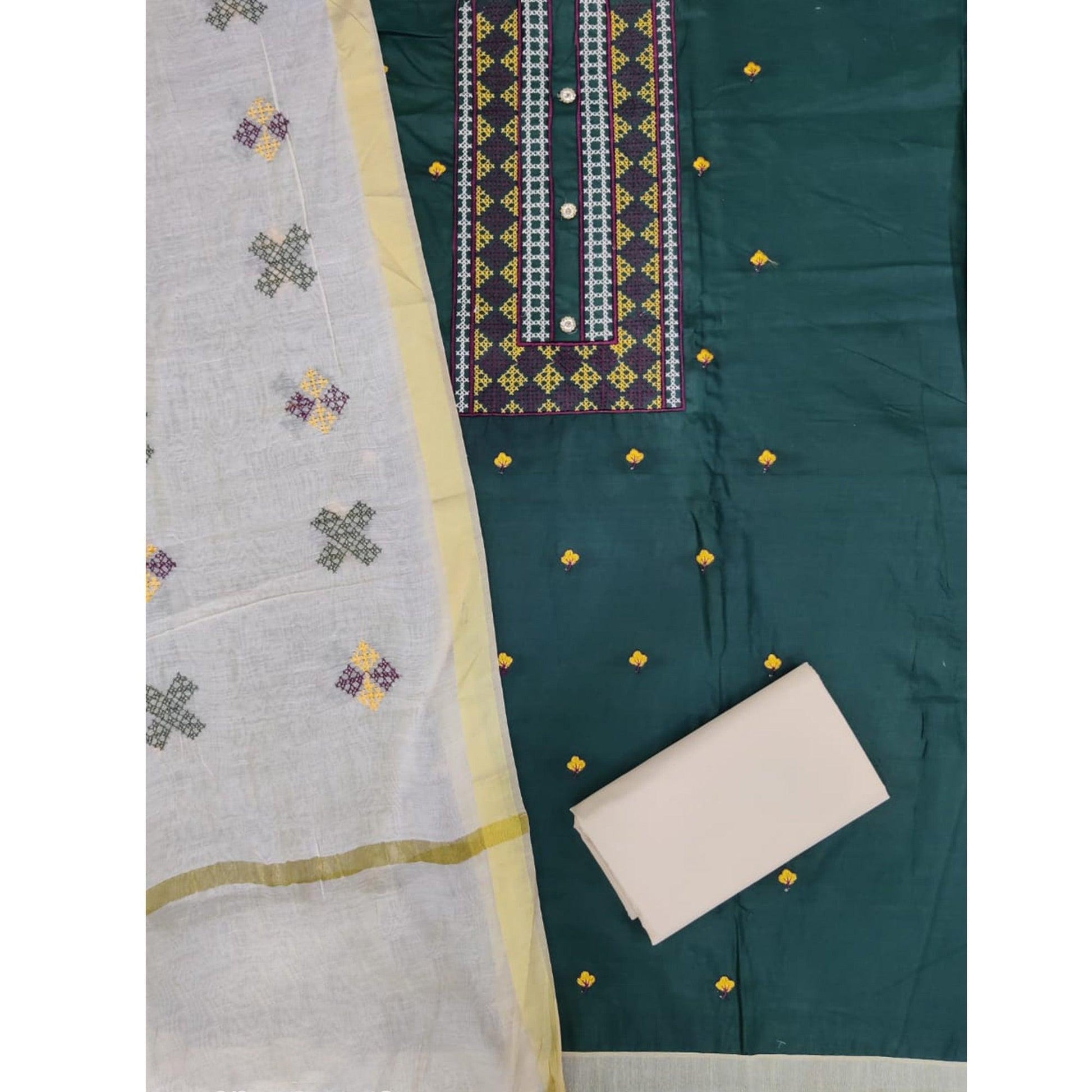 Impressive Green Colored Casual Wear Embroidered Cotton Dress Material