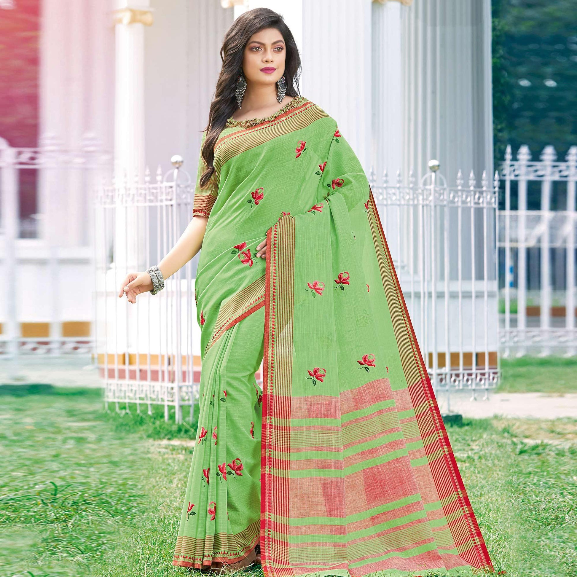 Impressive Green Colored Casual Wear Printed Linen Cotton Saree