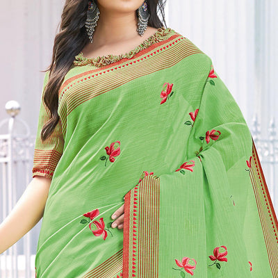 Impressive Green Colored Casual Wear Printed Linen Cotton Saree
