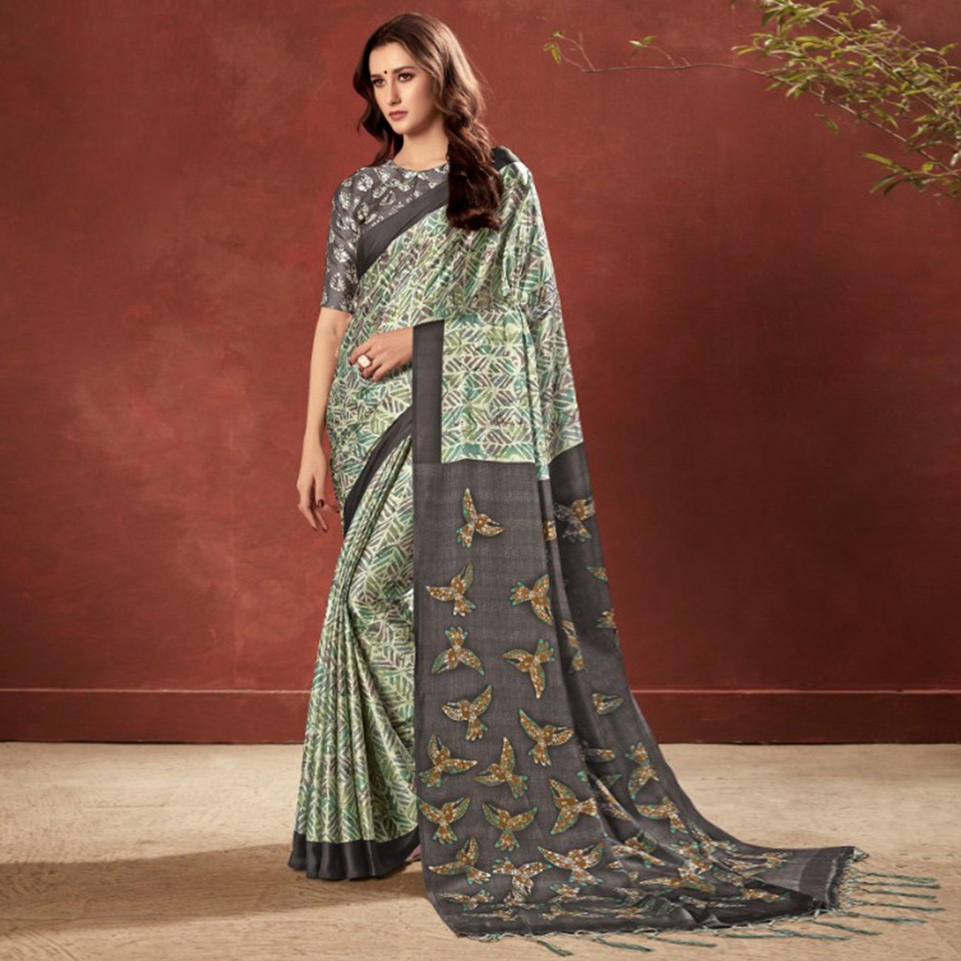 Impressive Green Colored Casual Wear Printed Satin Crepe Saree With Tassels