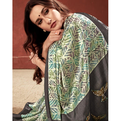 Impressive Green Colored Casual Wear Printed Satin Crepe Saree With Tassels
