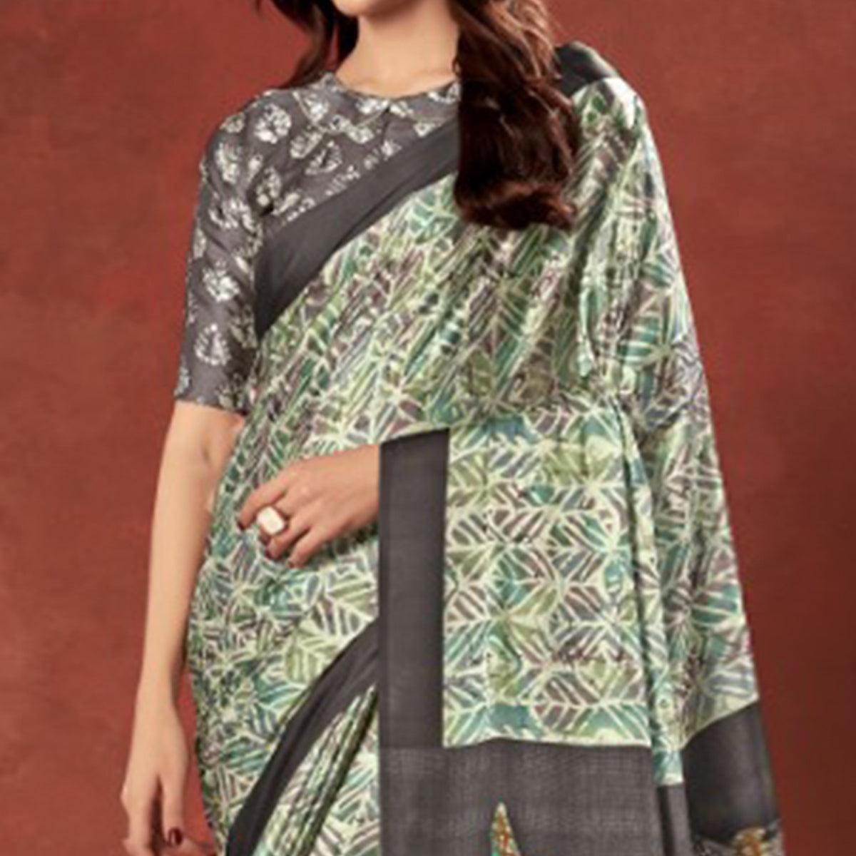 Impressive Green Colored Casual Wear Printed Satin Crepe Saree With Tassels