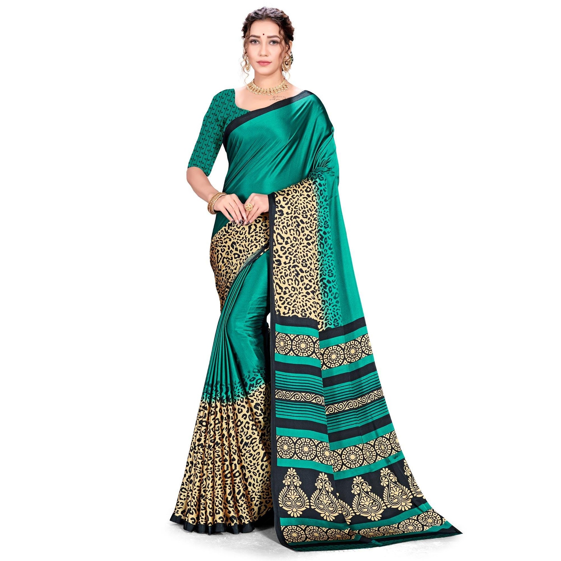 Impressive Green Colored Festive Wear Printed Satin Crepe Saree