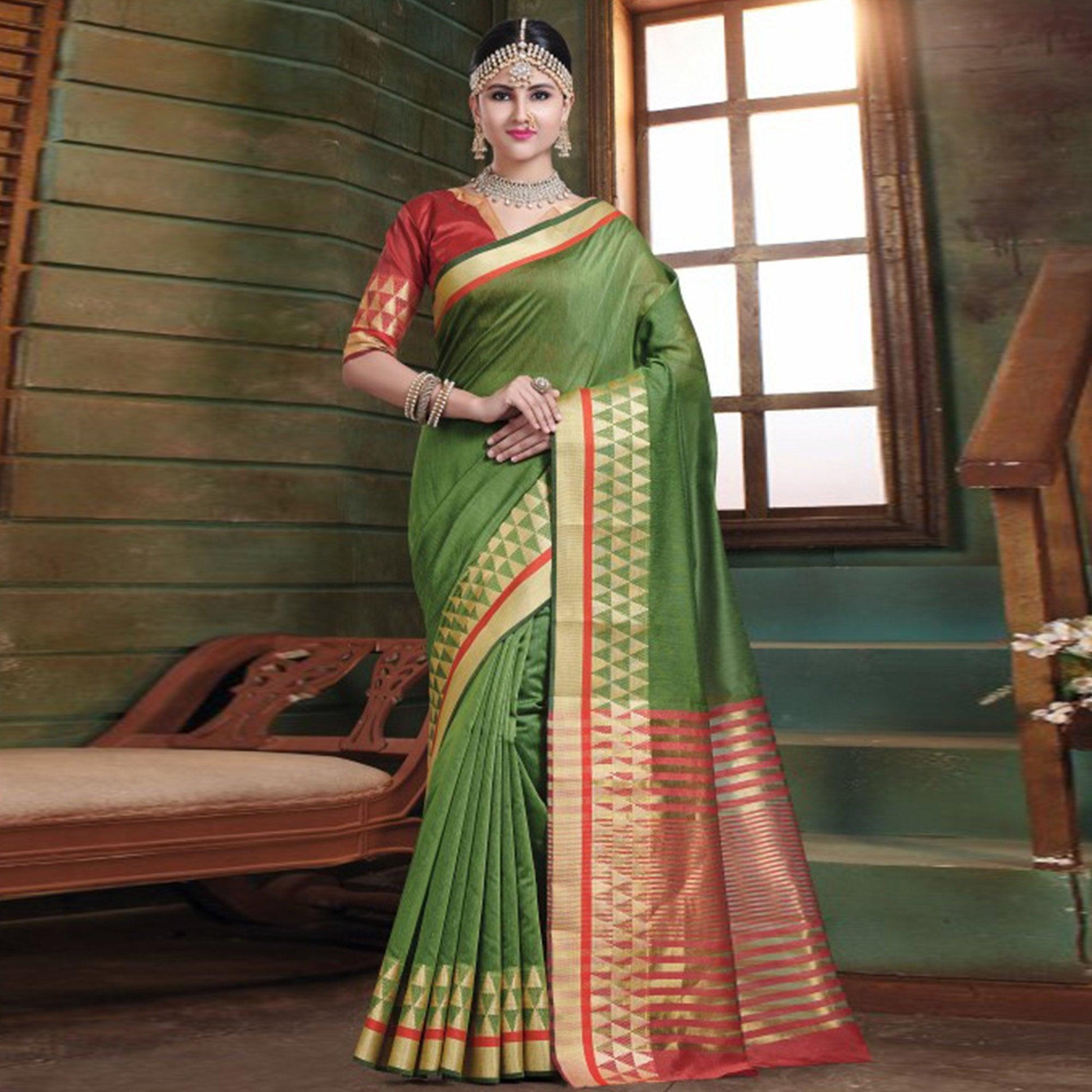 Impressive Green Colored Festive Wear Woven Cotton Handloom Saree