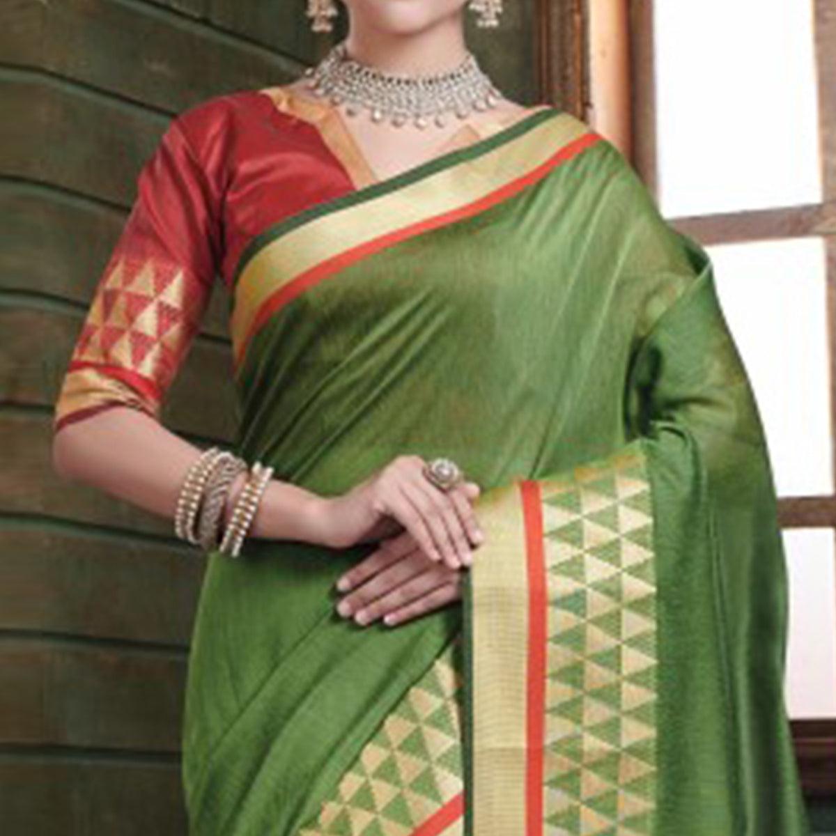 Impressive Green Colored Festive Wear Woven Cotton Handloom Saree
