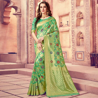 Impressive Green Colored Festive Wear Woven Cotton Silk Saree