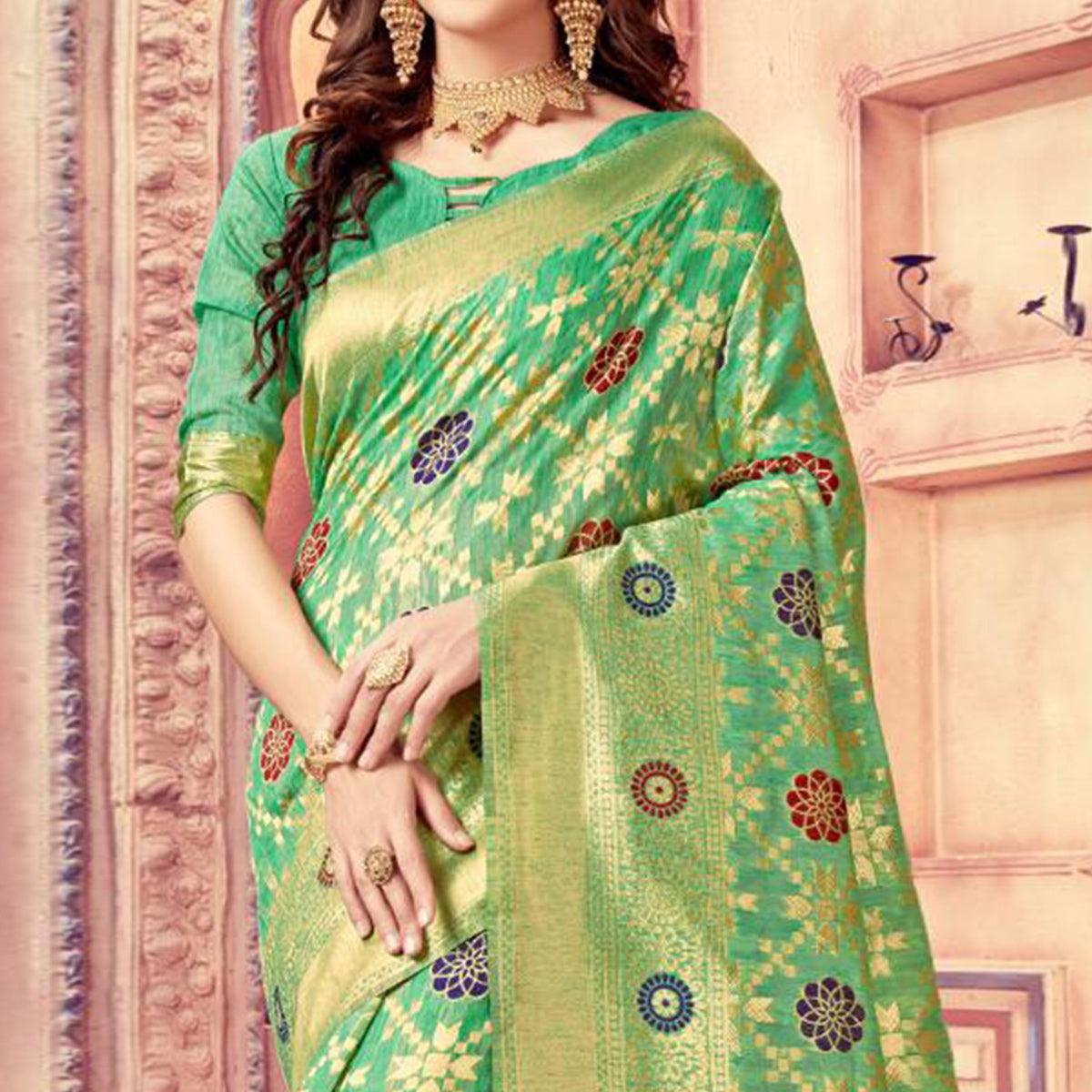 Impressive Green Colored Festive Wear Woven Cotton Silk Saree