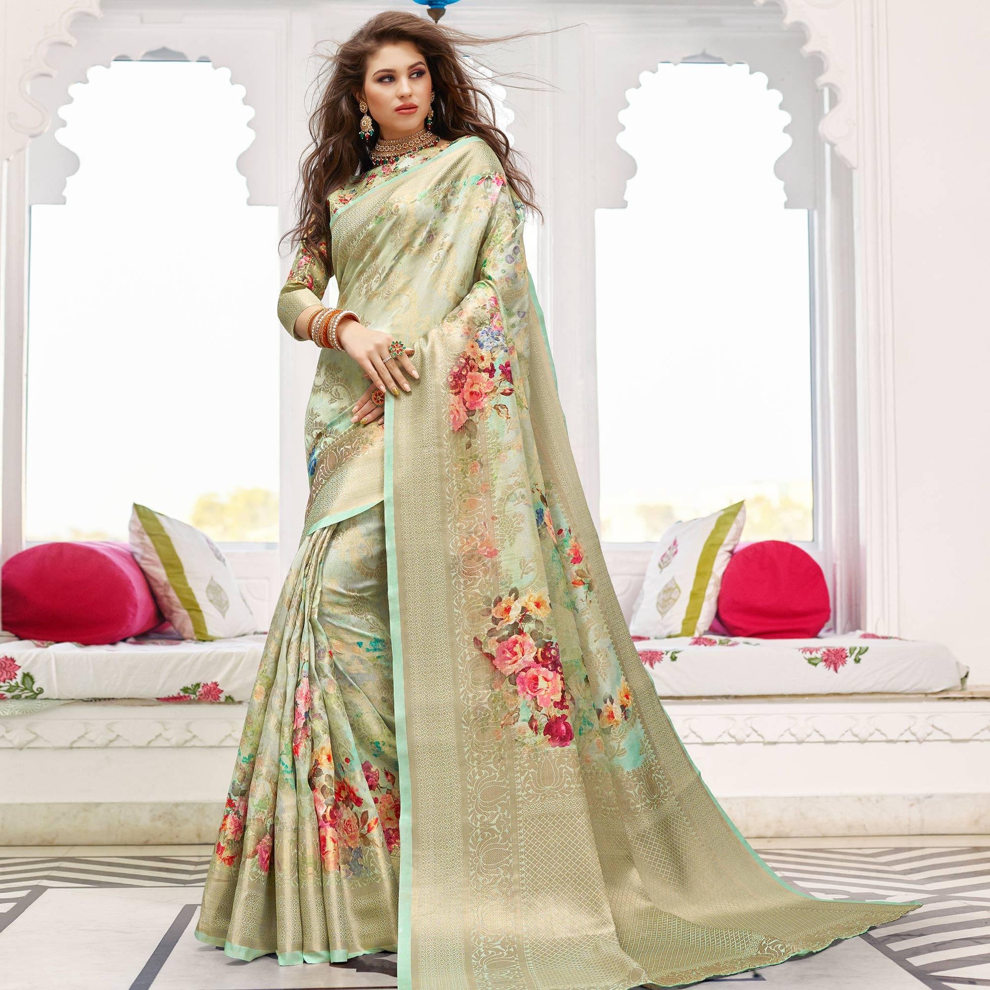 Impressive Green Colored Partywear Digital Floral Printed Silk Saree