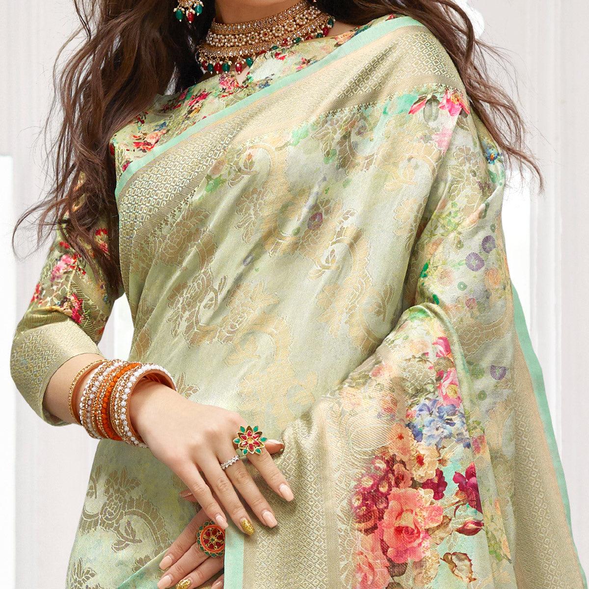 Impressive Green Colored Partywear Digital Floral Printed Silk Saree