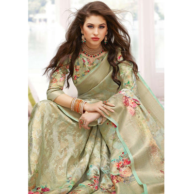 Impressive Green Colored Partywear Digital Floral Printed Silk Saree