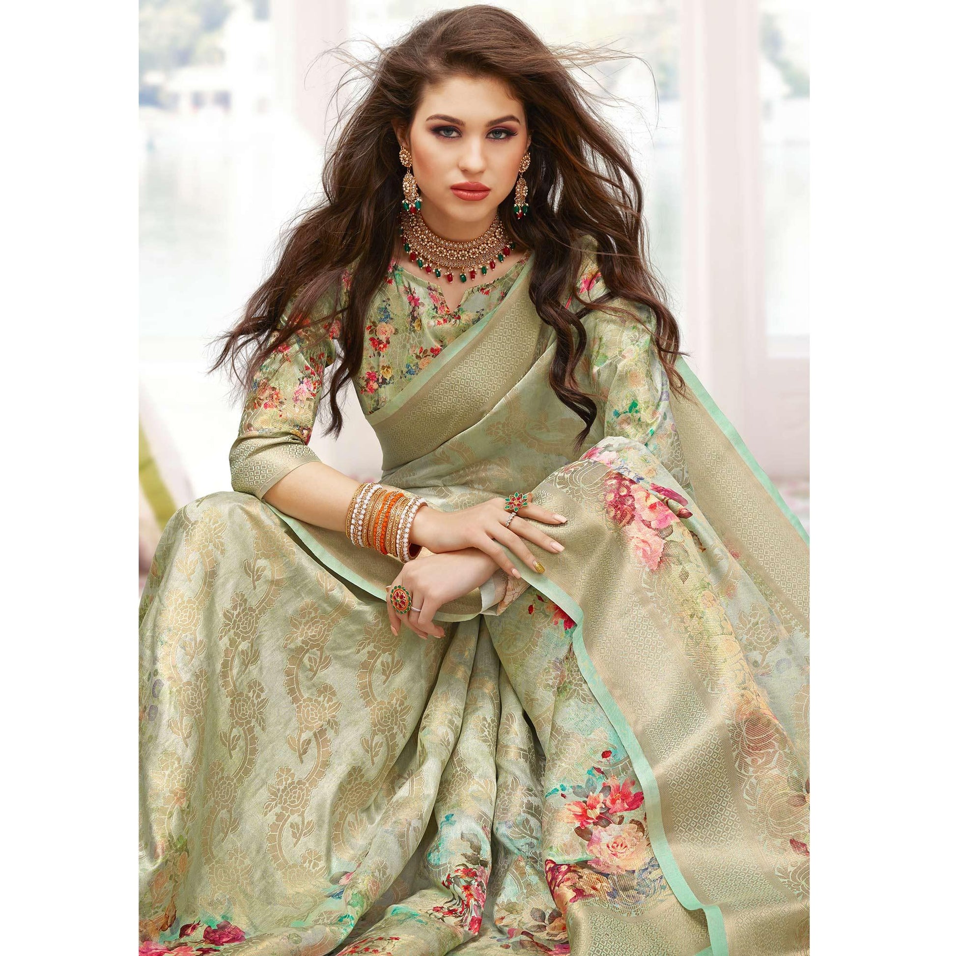 Impressive Green Colored Partywear Digital Floral Printed Silk Saree