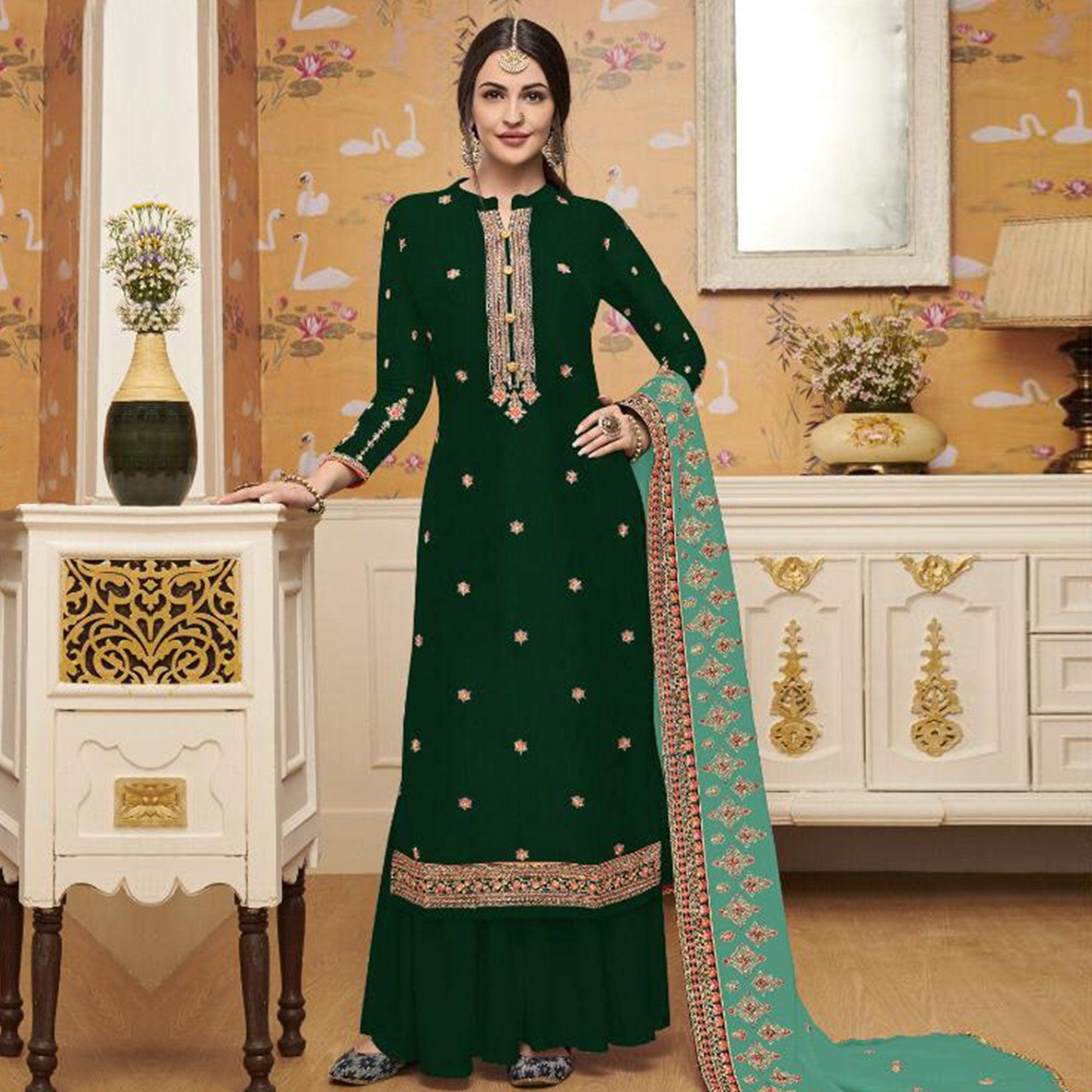 Impressive Green Colored Partywear Embroidered Crepe Palazzo Suit