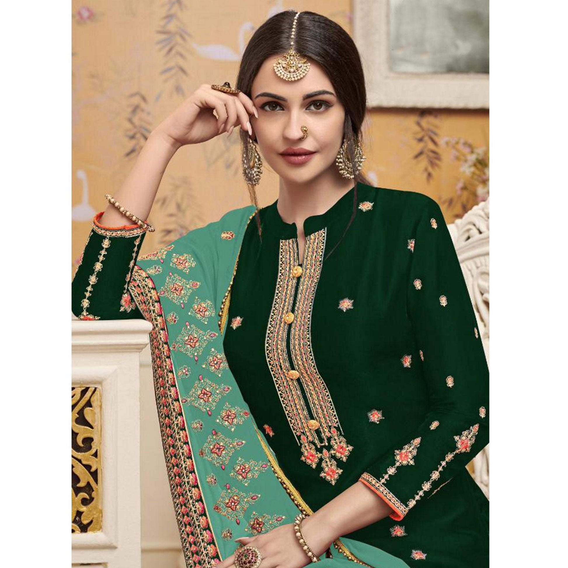 Impressive Green Colored Partywear Embroidered Crepe Palazzo Suit