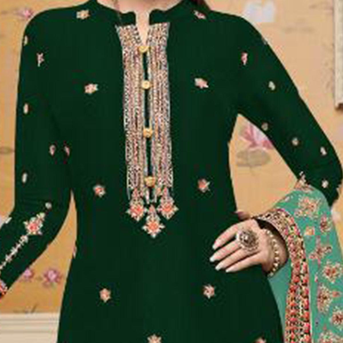 Impressive Green Colored Partywear Embroidered Crepe Palazzo Suit