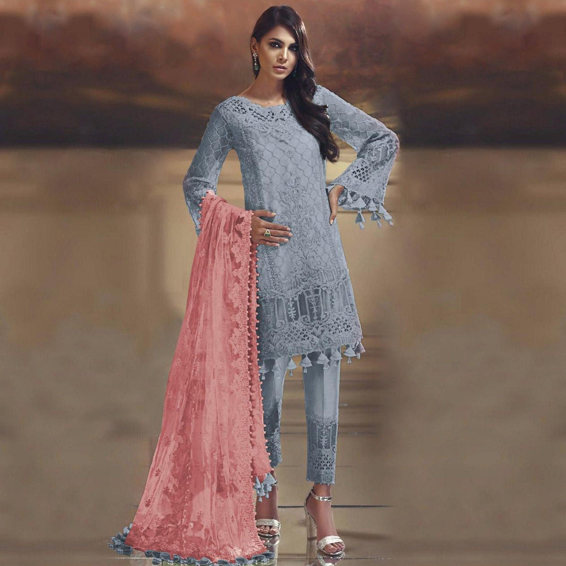 Impressive Grey Colored Partywear Embroidered Tissue Silk Straight Pakistani suit