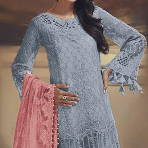 Impressive Grey Colored Partywear Embroidered Tissue Silk Straight Pakistani suit