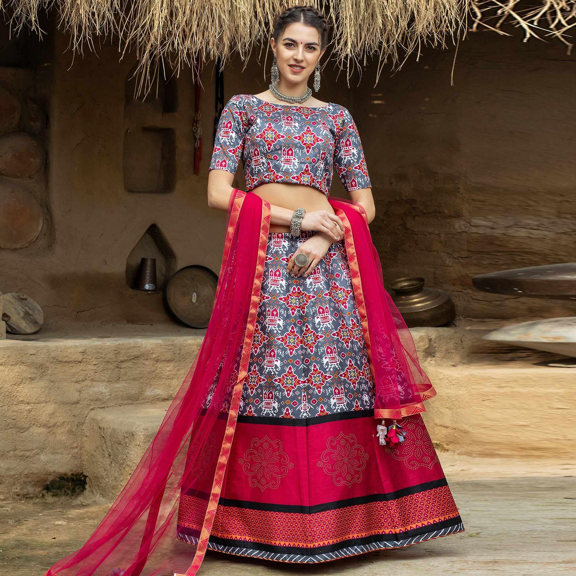 Impressive Grey Coloured Partywear Printed Art Silk Lehenga Choli