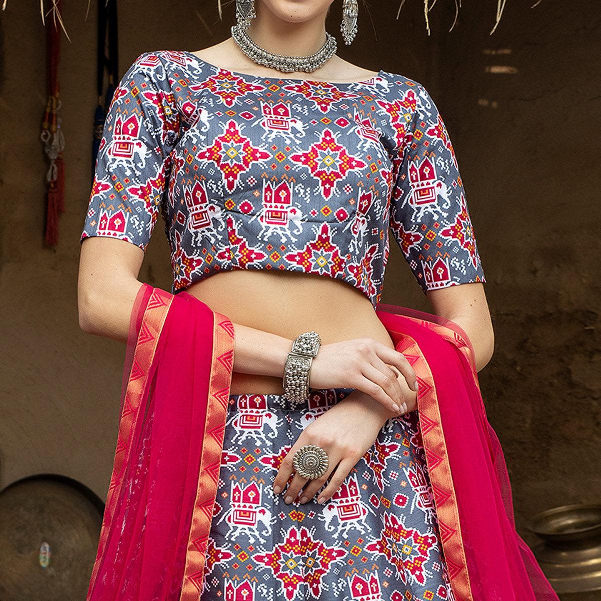 Impressive Grey Coloured Partywear Printed Art Silk Lehenga Choli