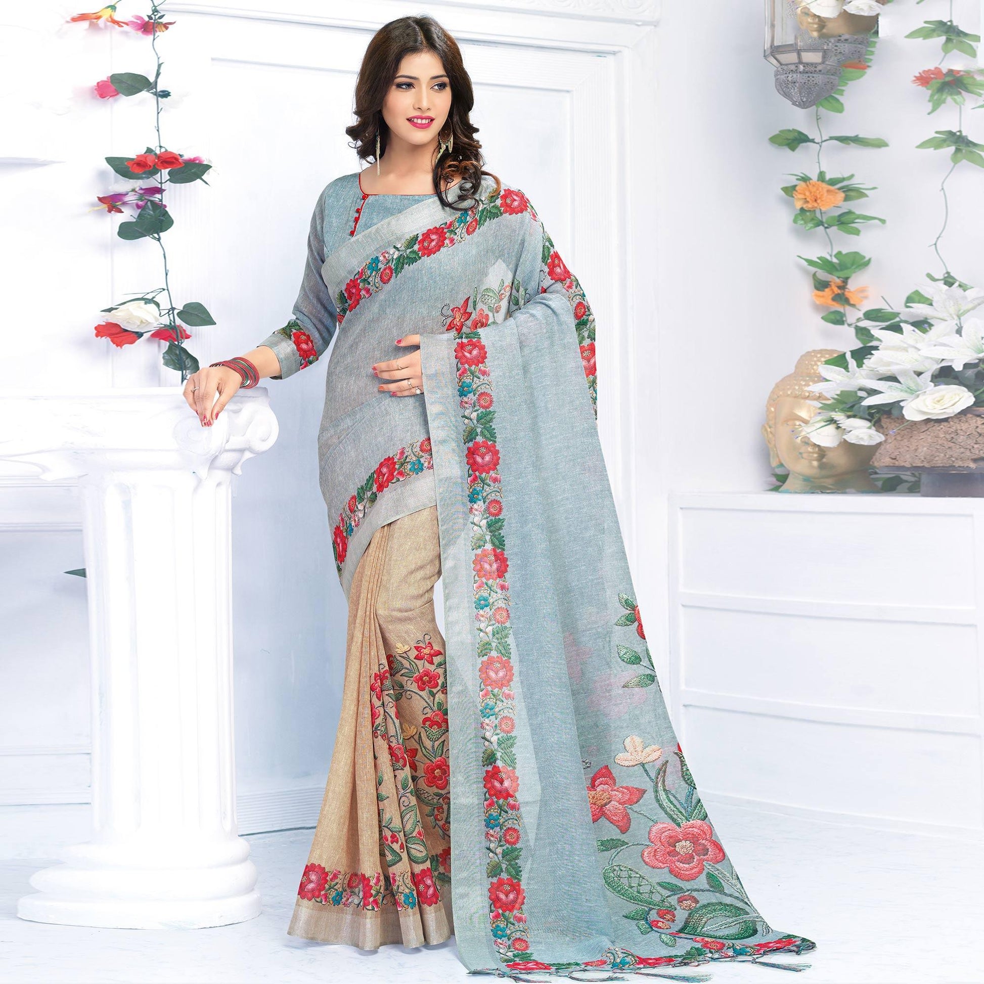 Impressive Grey - Light Brown Colored Casual Wear Printed Pure Linen Saree