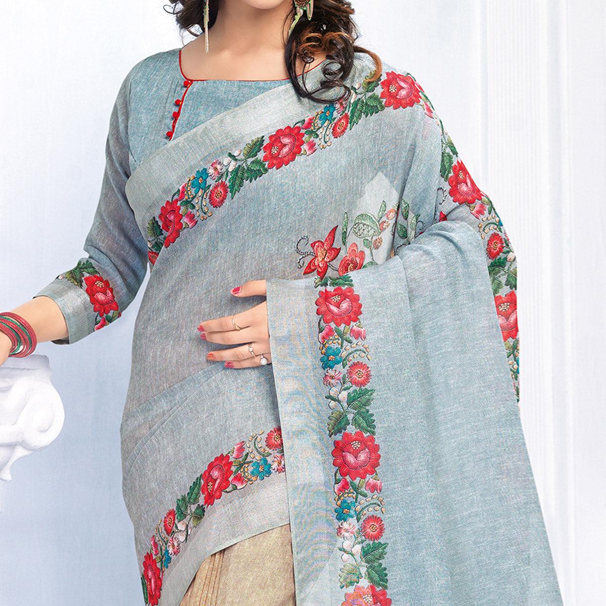 Impressive Grey - Light Brown Colored Casual Wear Printed Pure Linen Saree