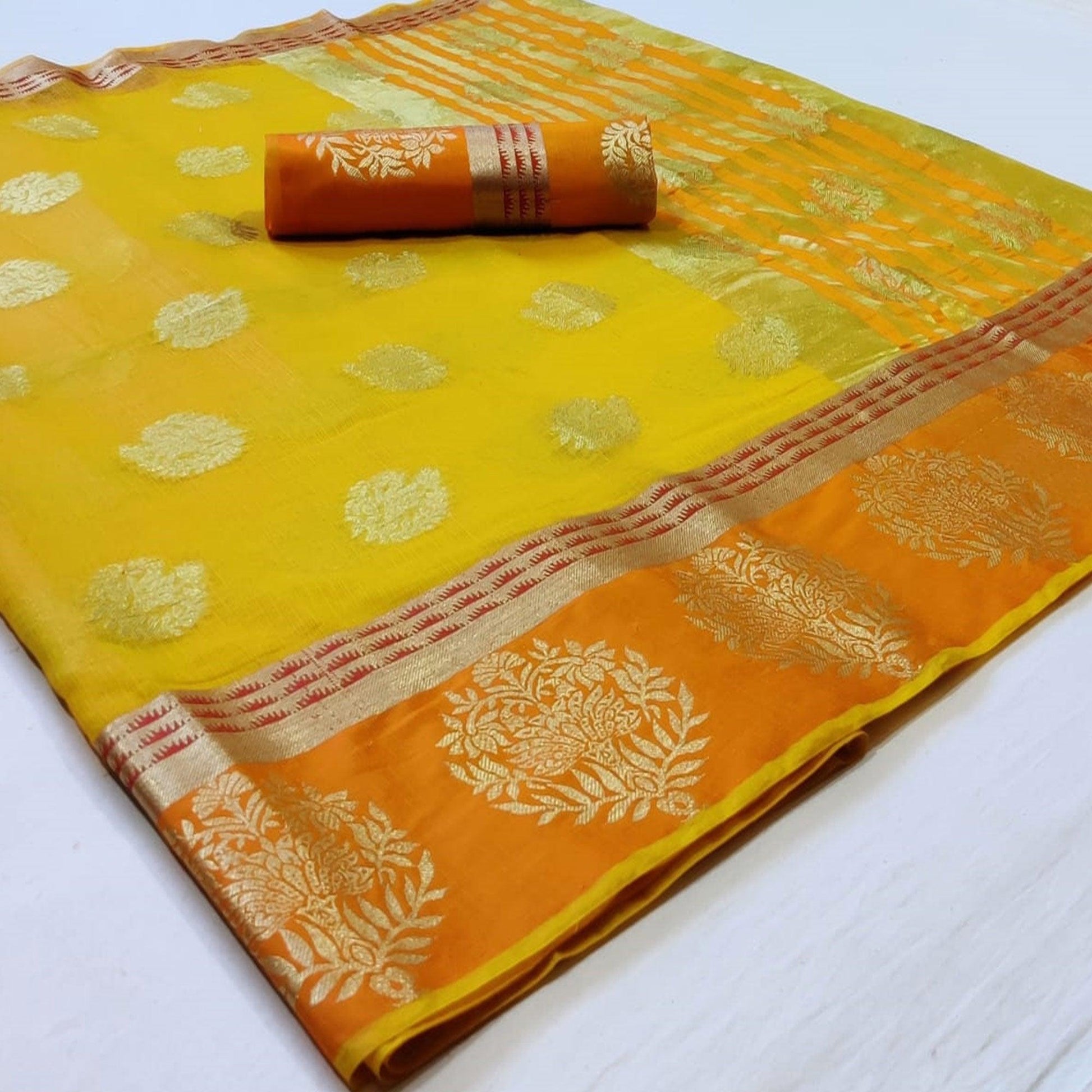 Impressive Lemon Yellow Colored Festive Wear Woven Silk Saree