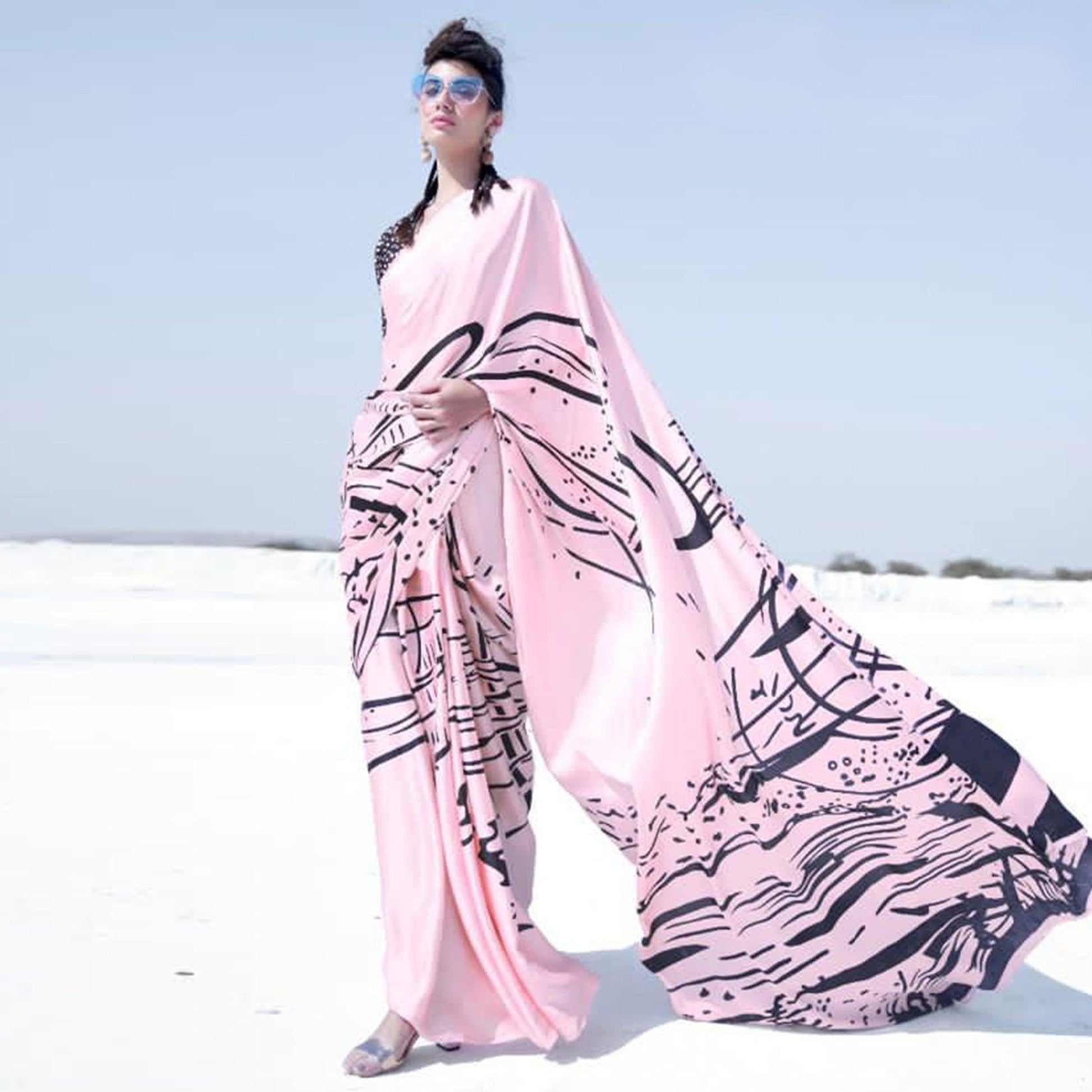 Impressive Light Pink Colored Casual Wear Printed Satin Crepe Saree