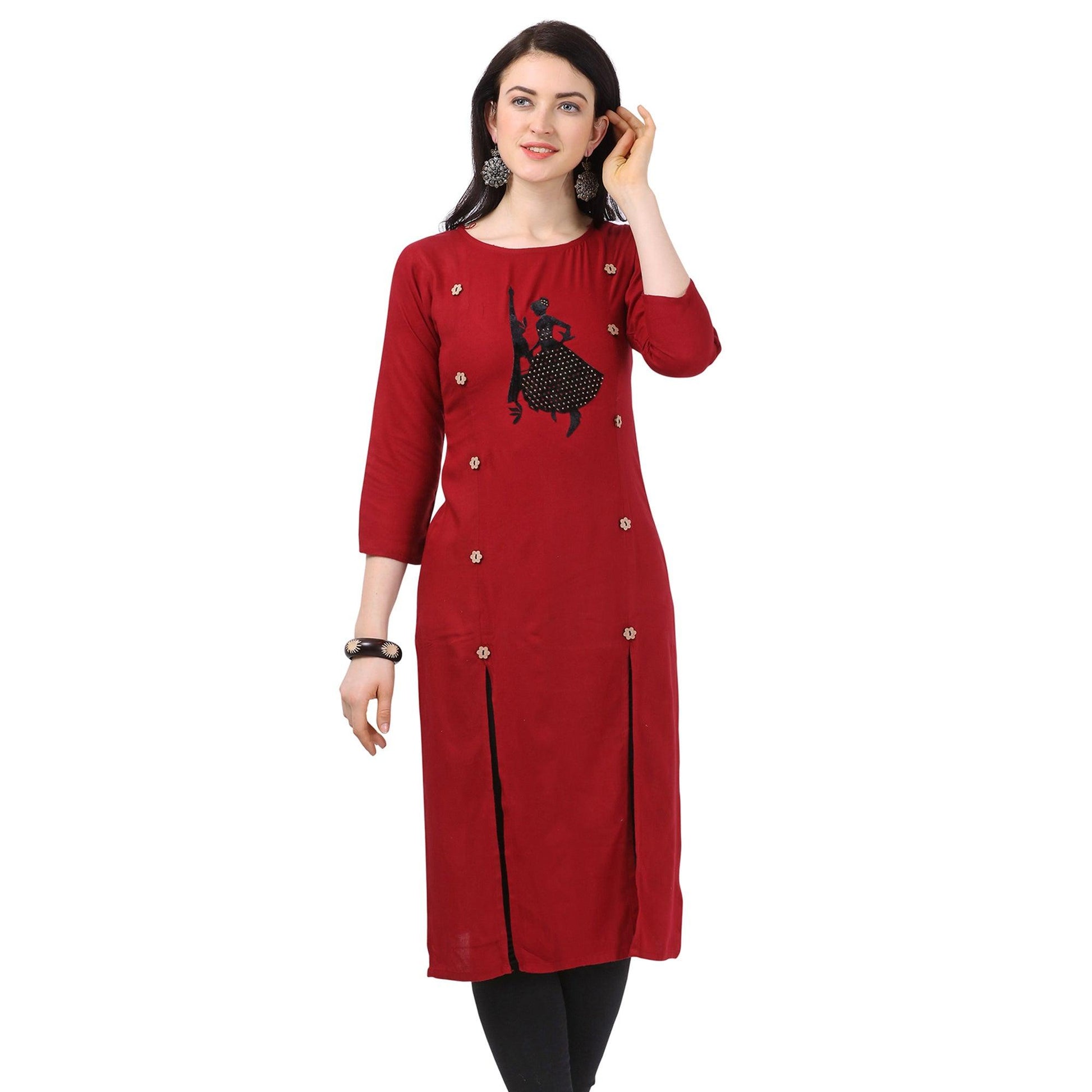 Impressive Maroon Colored Partywear Embellished Rayon Kurti