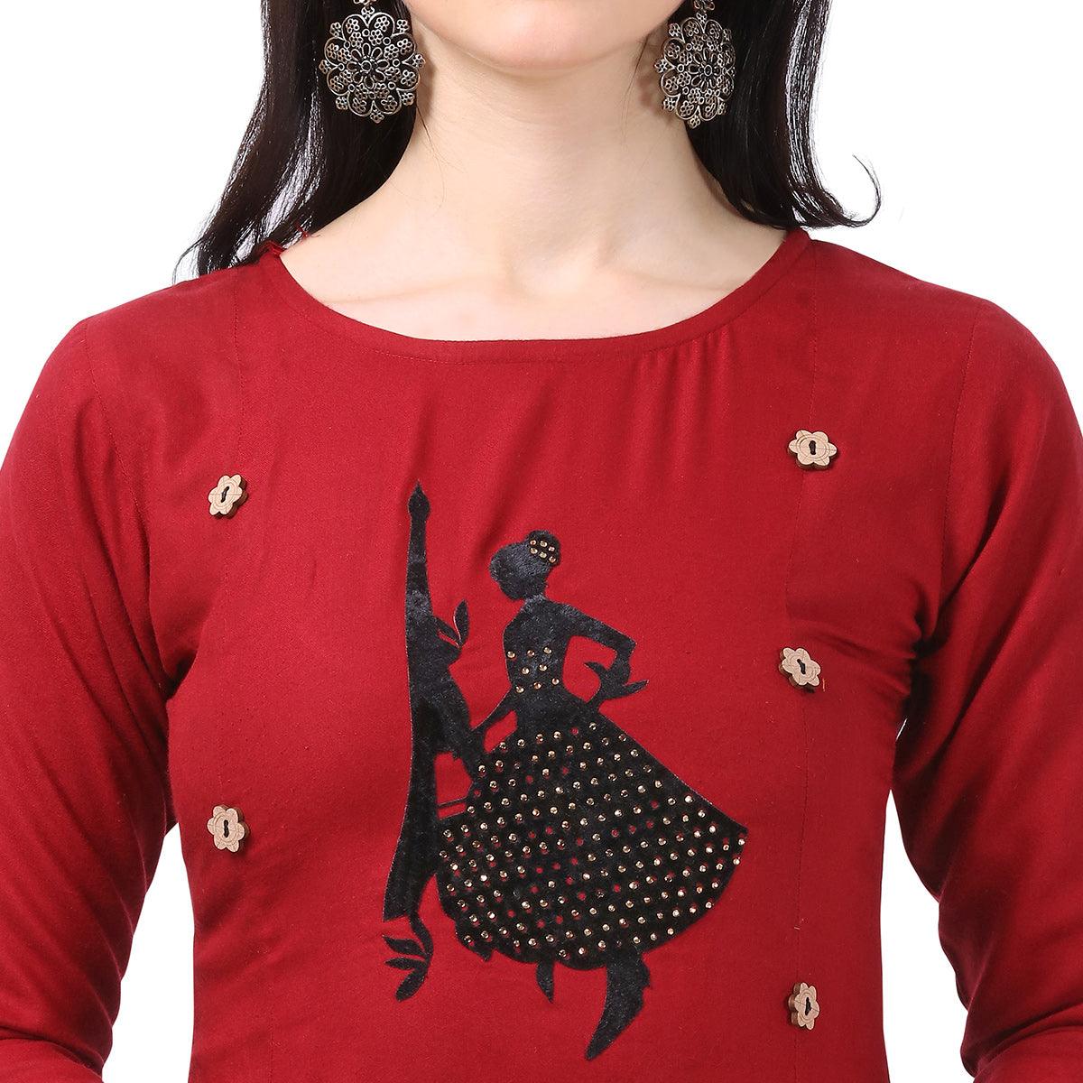 Impressive Maroon Colored Partywear Embellished Rayon Kurti