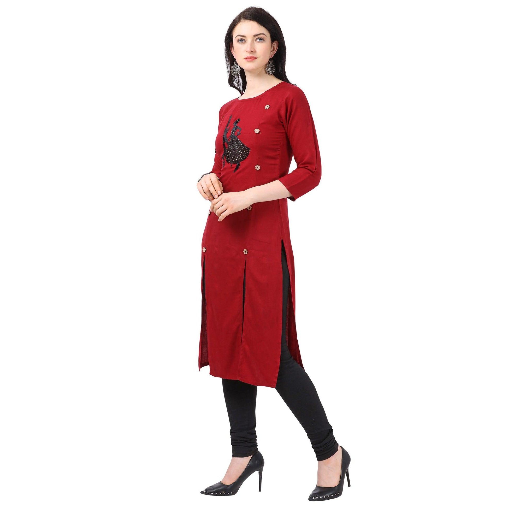 Impressive Maroon Colored Partywear Embellished Rayon Kurti