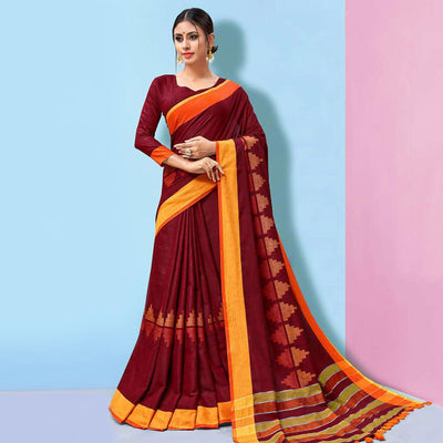 Impressive Maroon Colored Partywear Printed Linen Cotton Saree