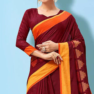 Impressive Maroon Colored Partywear Printed Linen Cotton Saree