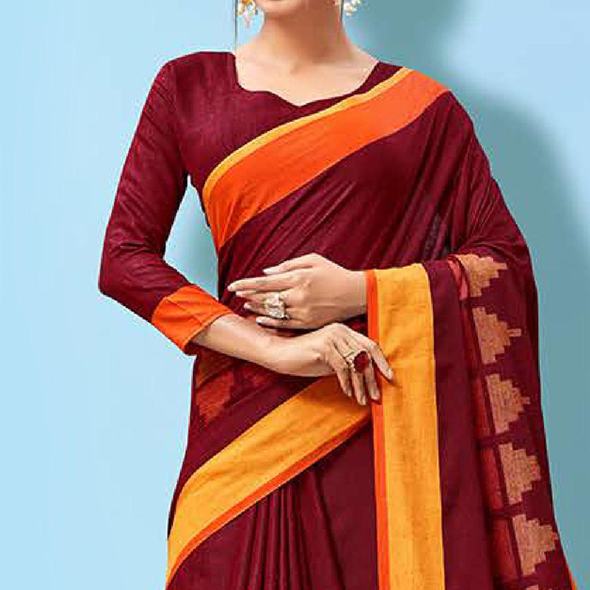Impressive Maroon Colored Partywear Printed Linen Cotton Saree