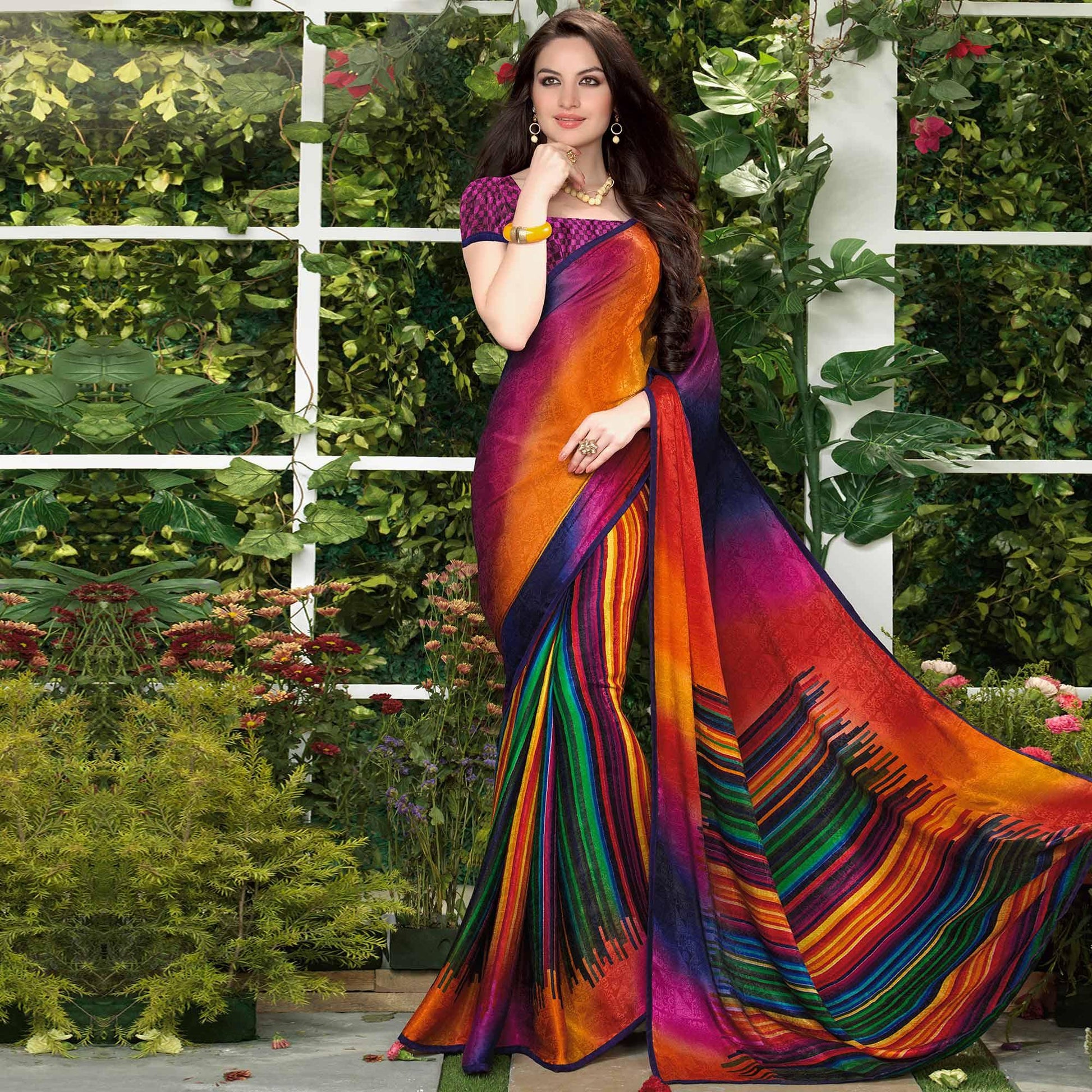 Impressive Multi Colored Party Wear Printed Silk Crepe Saree