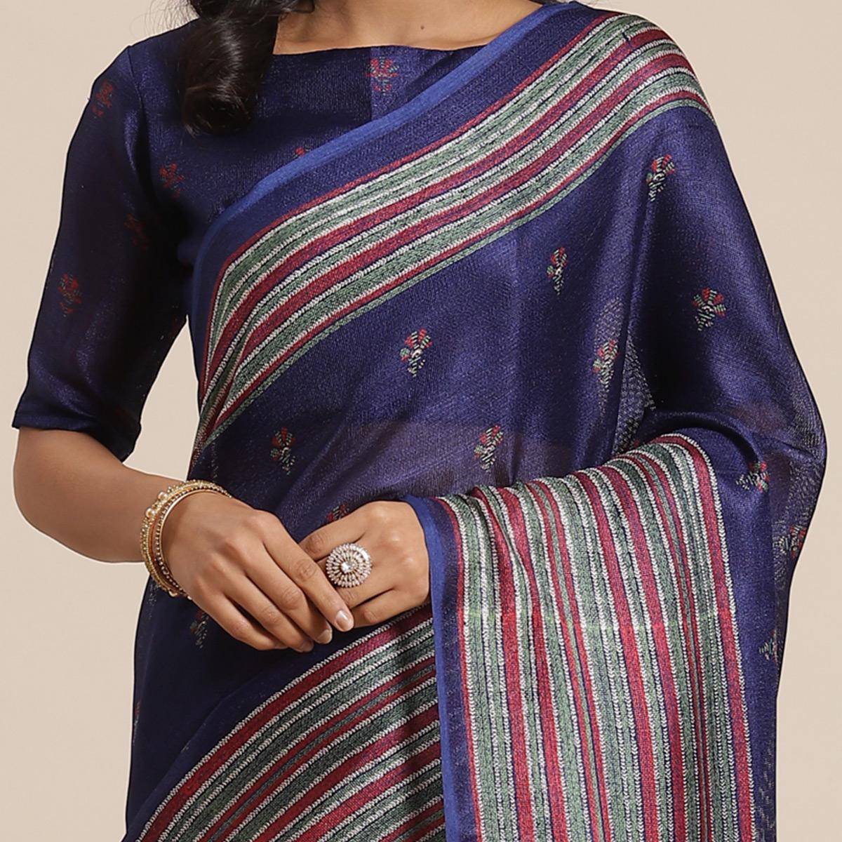Impressive Navy Blue Colored Casual Wear Printed Jute Silk Saree
