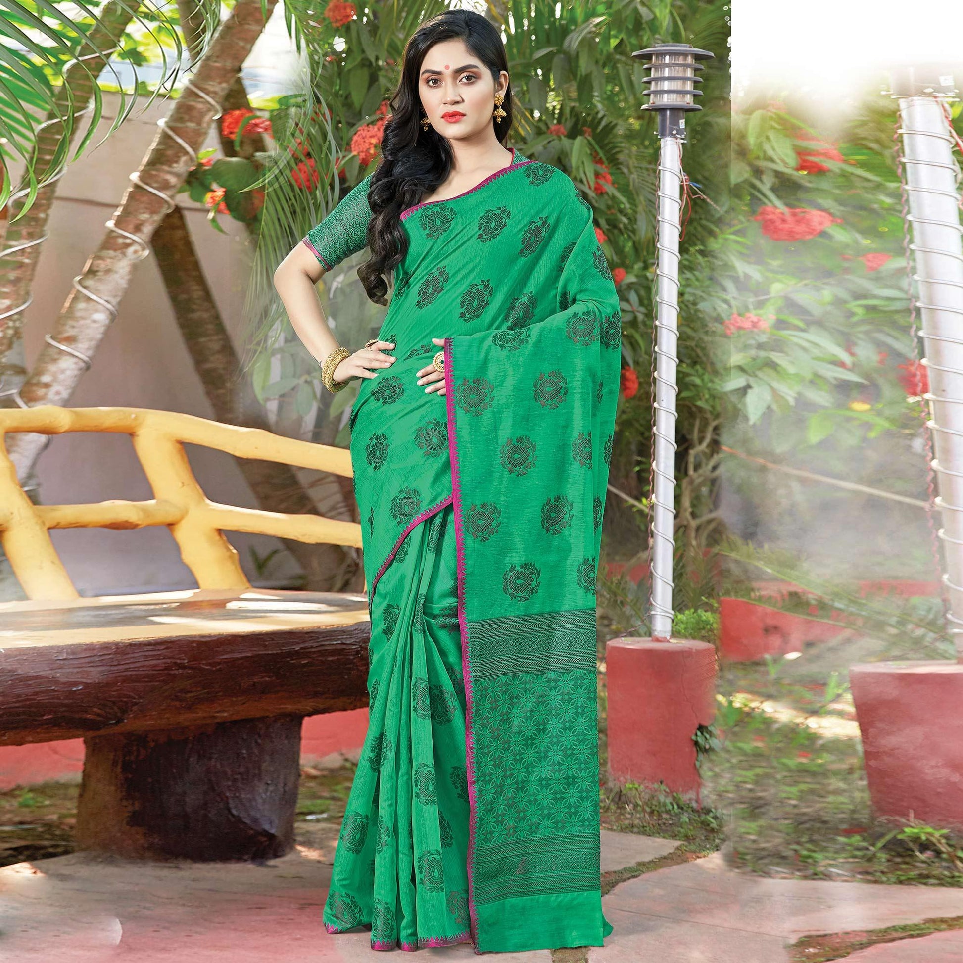 Impressive Ocean Green Colored Festive Wear Woven Cotton Handloom Saree