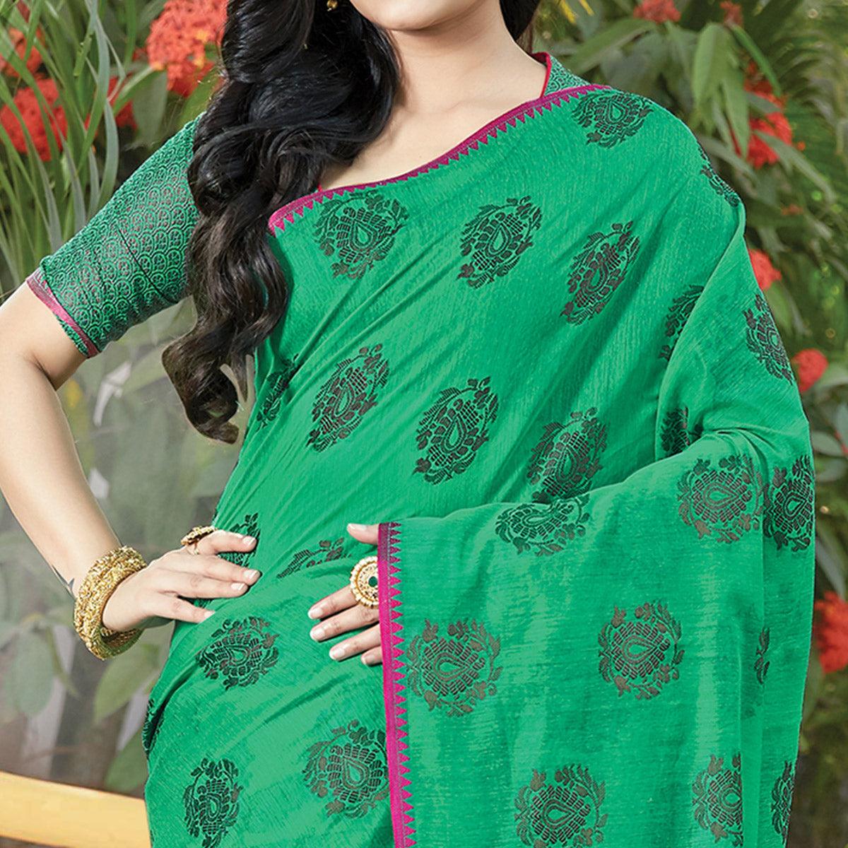 Impressive Ocean Green Colored Festive Wear Woven Cotton Handloom Saree