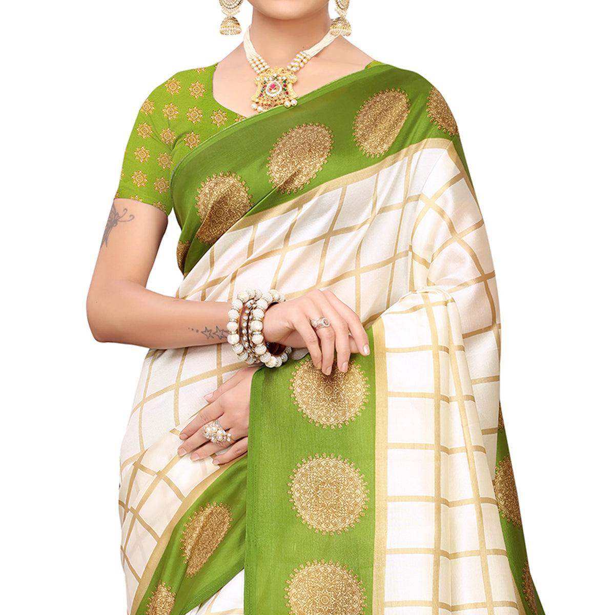 Impressive Off White-Olive Green Colored Festive Wear Mysore Silk Saree