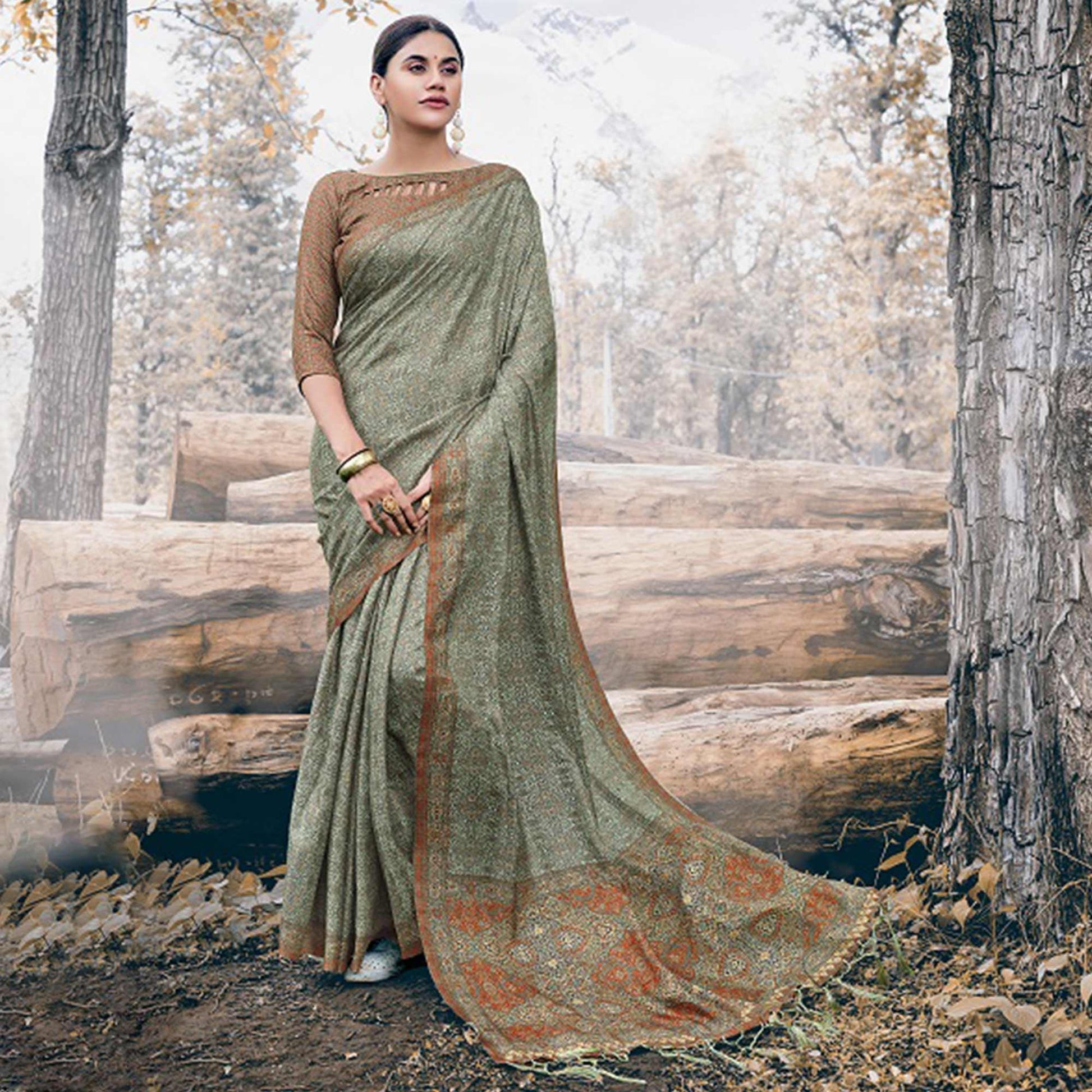 Impressive Olive Green Colored Festive Wear Printed Art Silk Saree
