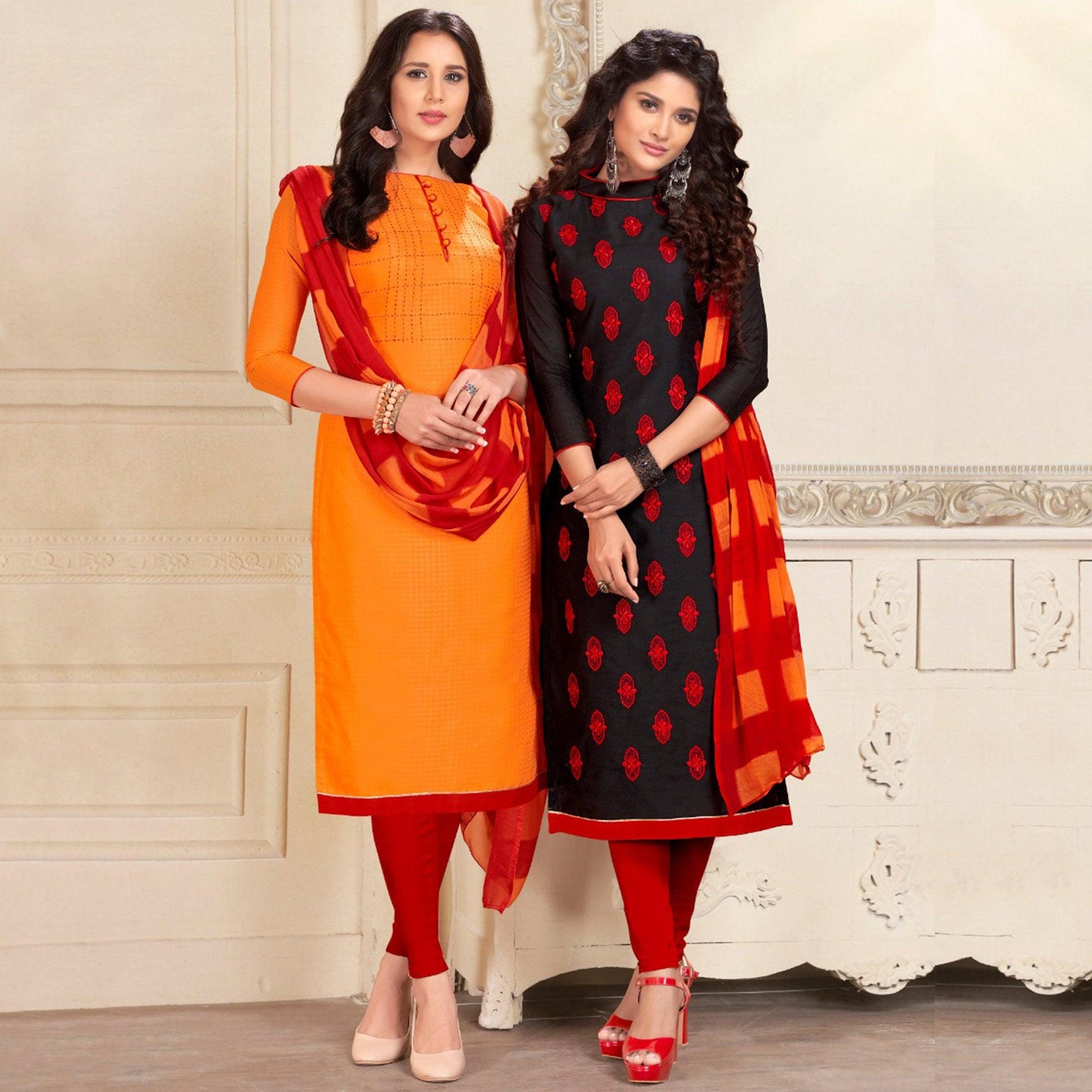 Impressive Orange And Black Colored Dual Top Chanderi - Cotton Dress Material