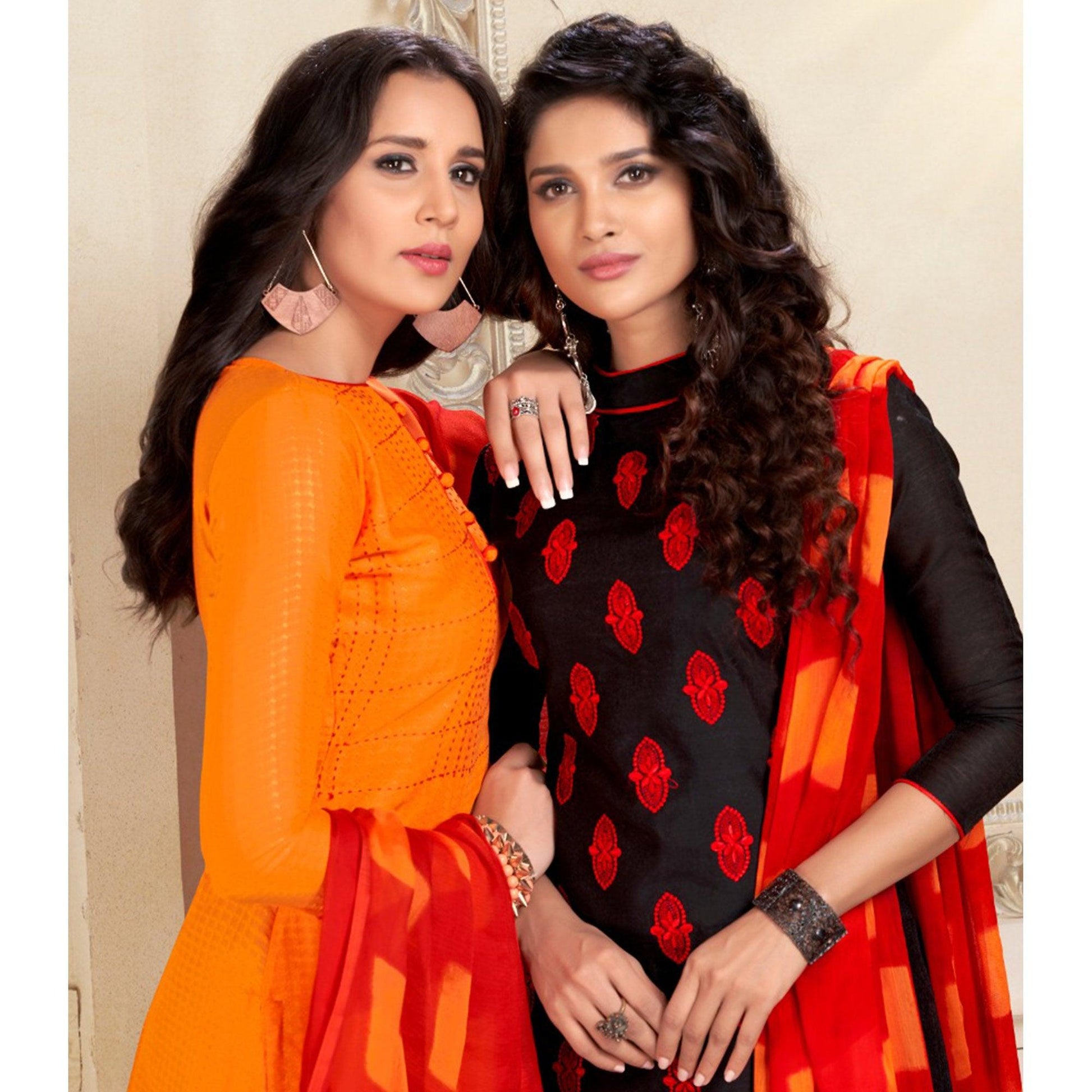 Impressive Orange And Black Colored Dual Top Chanderi - Cotton Dress Material