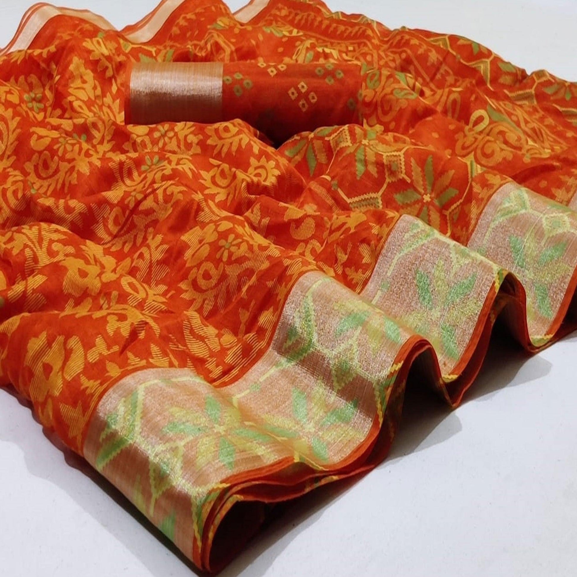 Impressive Orange Colored Casual Wear Printed Heavy Linen Saree