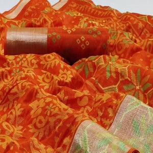 Impressive Orange Colored Casual Wear Printed Heavy Linen Saree