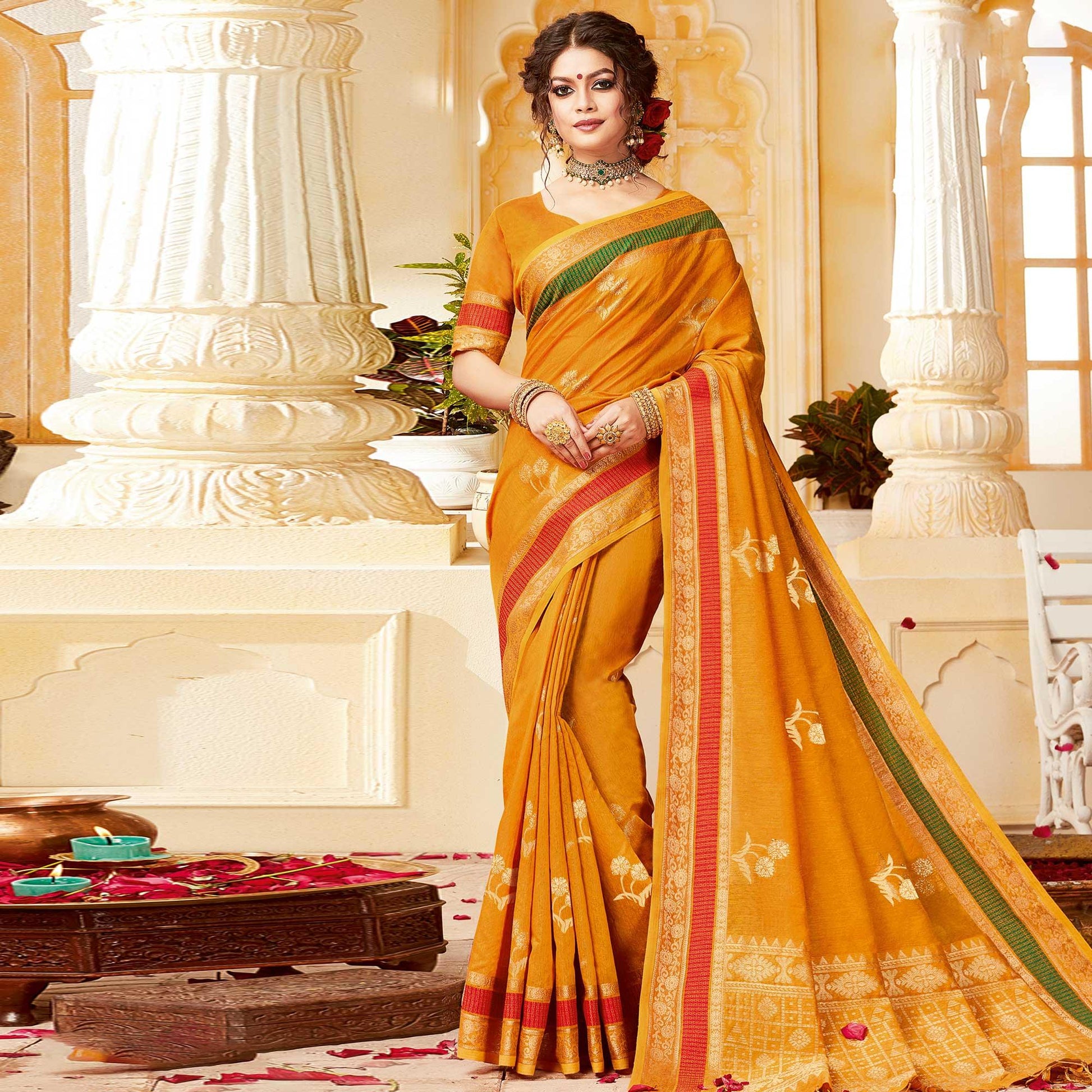 Impressive Orange Colored Festive Wear Woven Cotton Handloom Saree