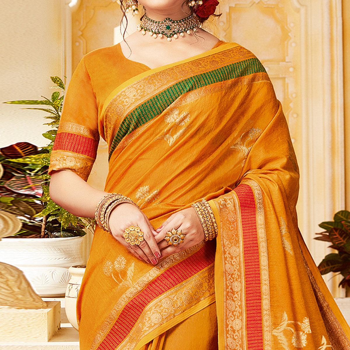 Impressive Orange Colored Festive Wear Woven Cotton Handloom Saree
