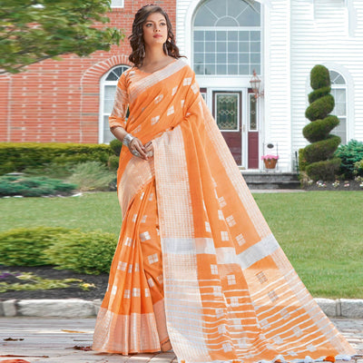 Impressive Orange Colored Festive Wear Woven Linen Cotton Sareee