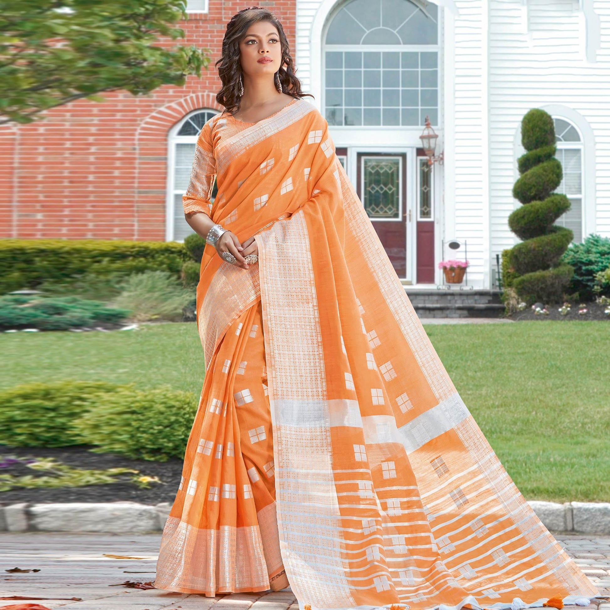 Impressive Orange Colored Festive Wear Woven Linen Cotton Sareee