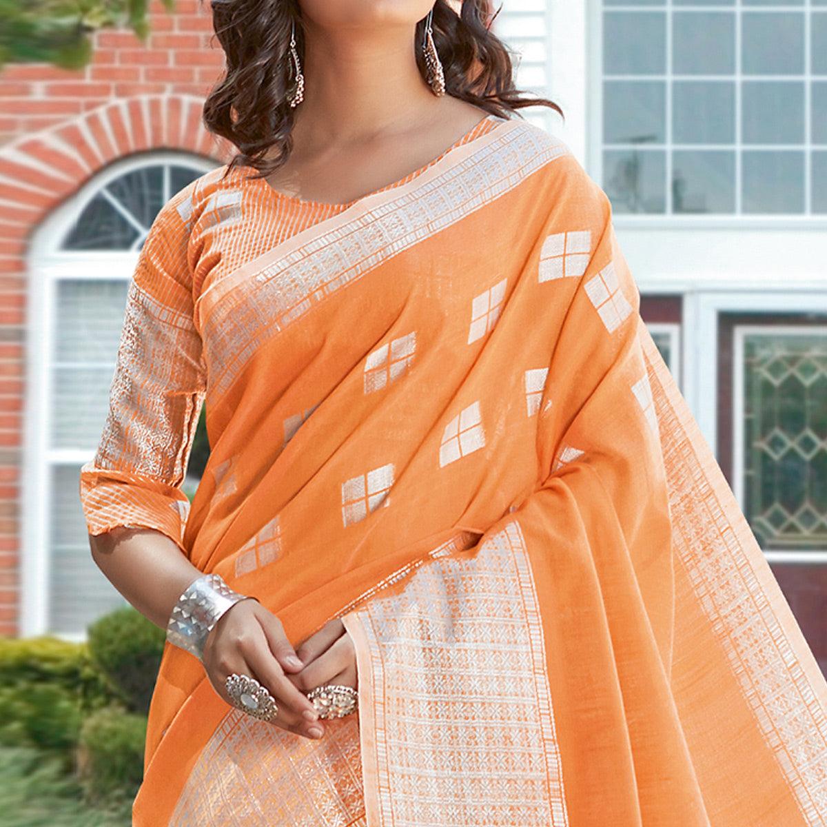 Impressive Orange Colored Festive Wear Woven Linen Cotton Sareee