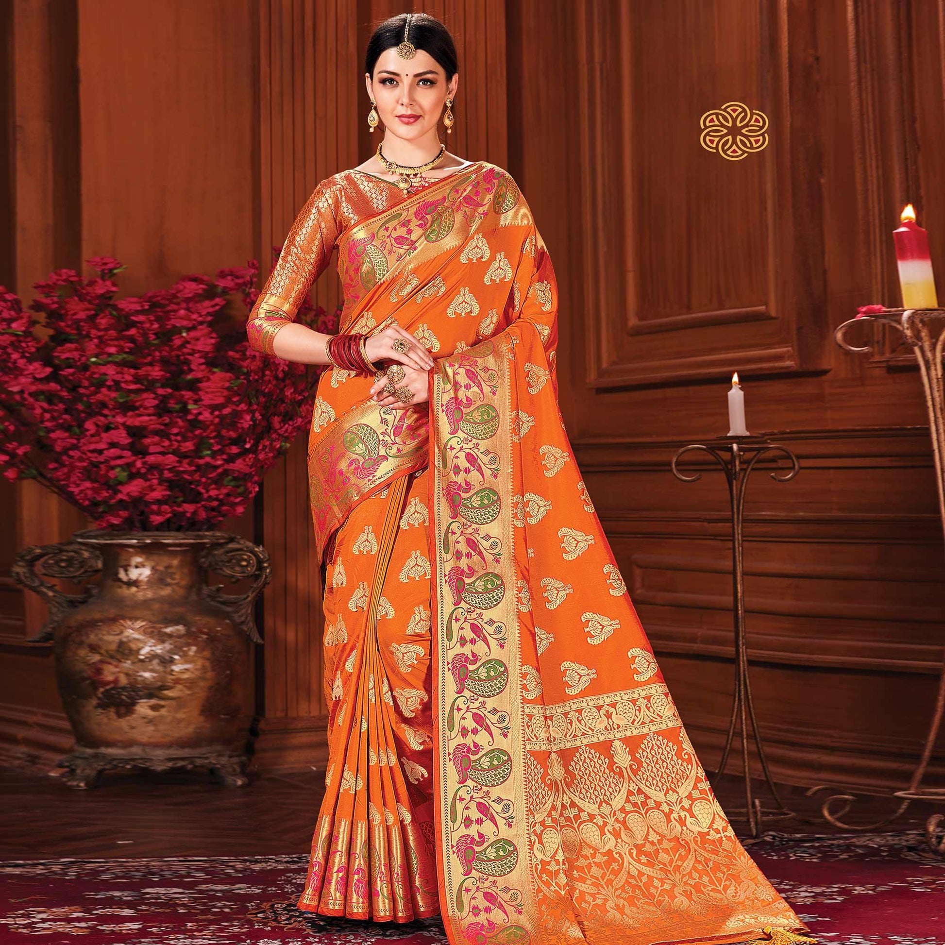 Impressive Orange Colored Festive Wear Woven Silk Saree