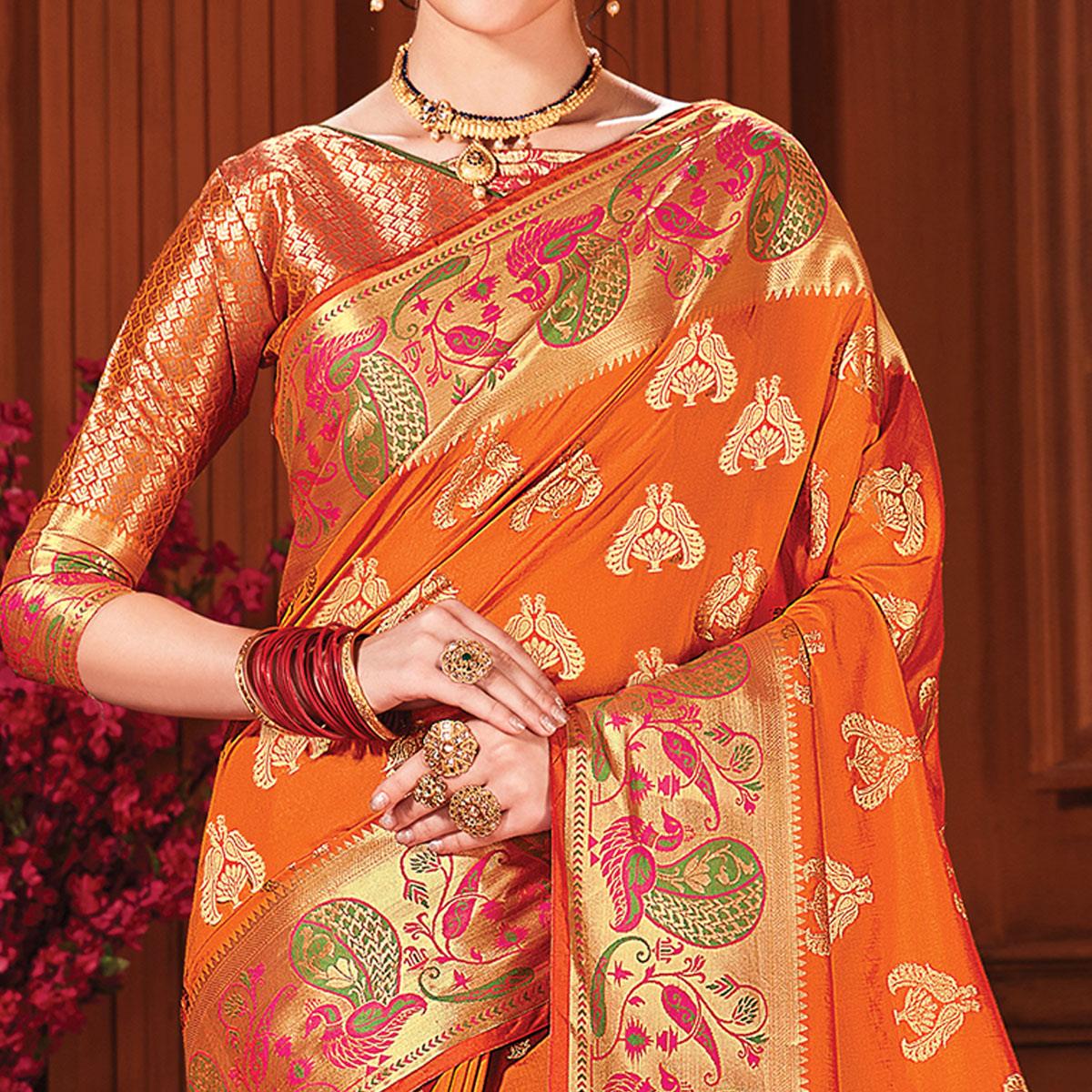 Impressive Orange Colored Festive Wear Woven Silk Saree