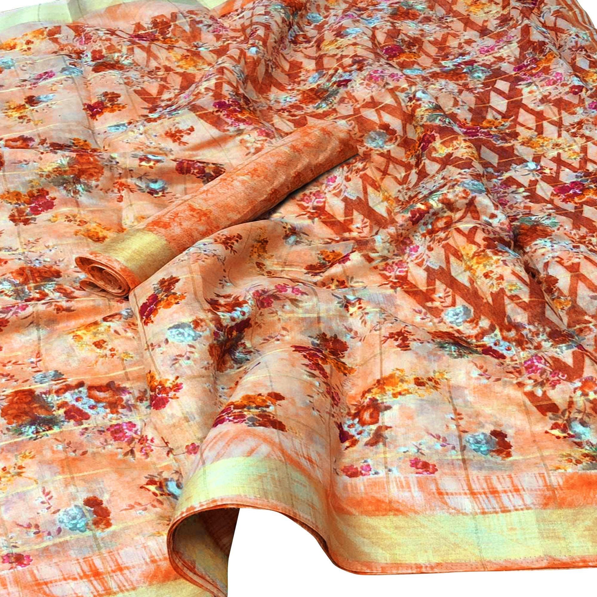 Impressive Peach Colored Casual Floral Printed Cotton Saree